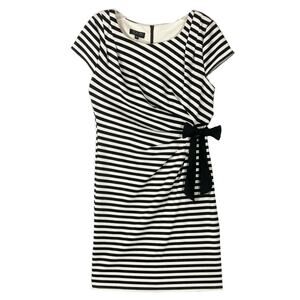 NWOT SPENSE Dress 6P Striped Bow Pleated Short Sleeve Black White Knee Stretch